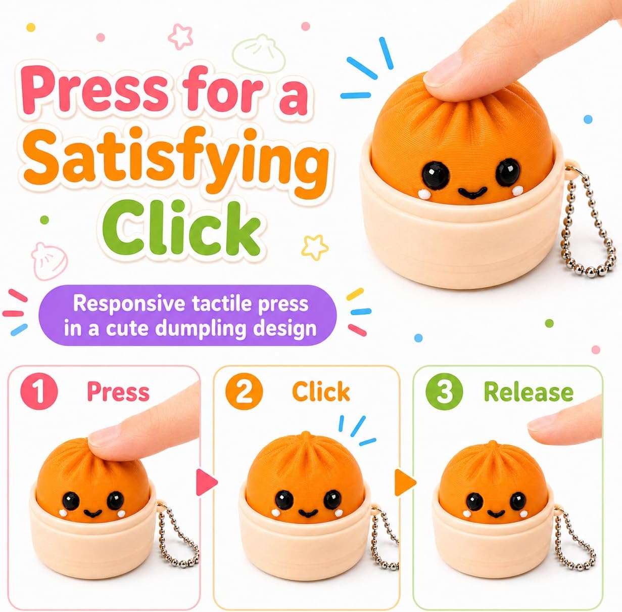 Dumpling Clicker Fidget Toy 6PCS Set, Cute 3D Printed Dumpling Keychain Clickers with Tactile Feedback, Colorful Stress Relief Desk Toys for Adults, Office, Travel and Gifts