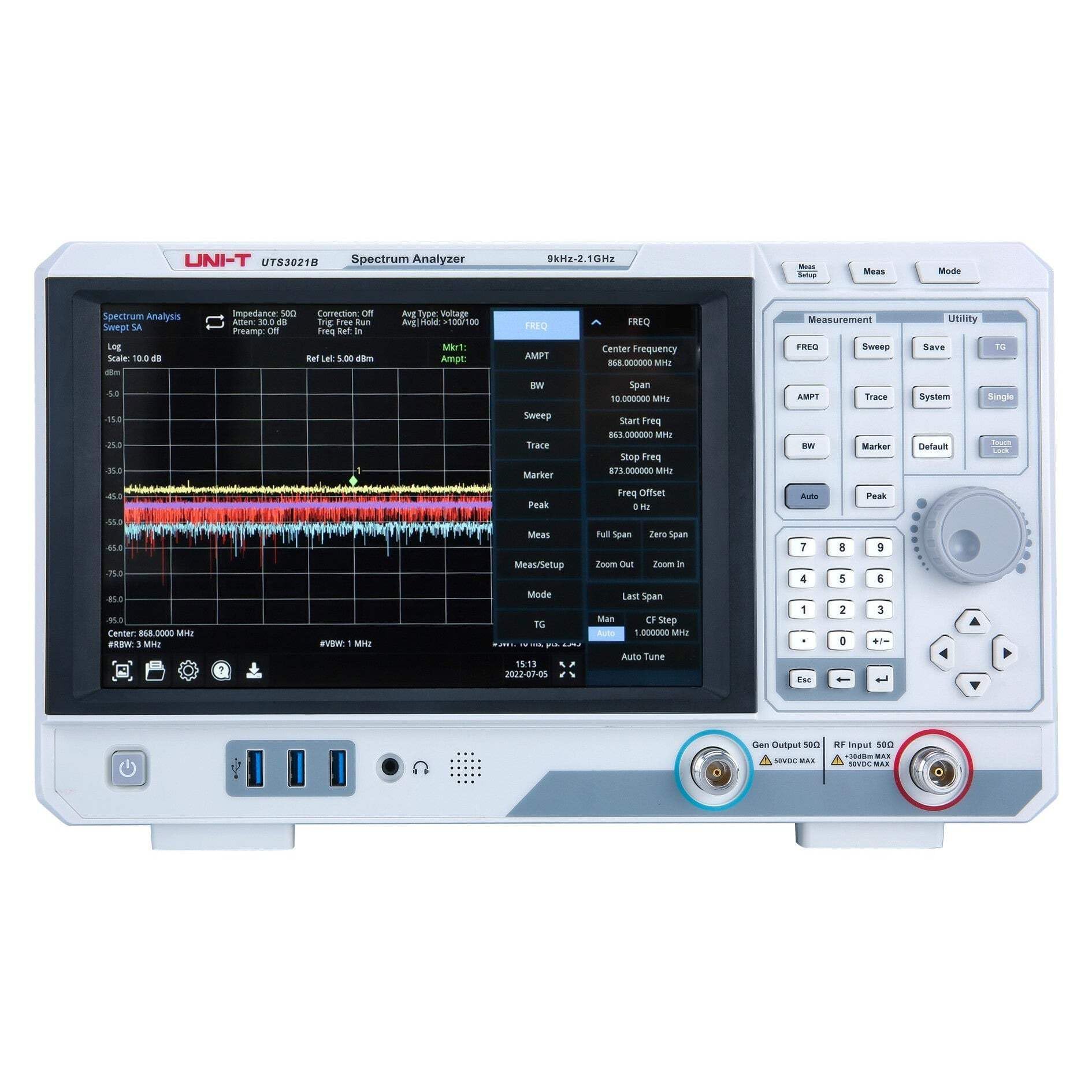UNI-T UTS3021B Spektrumanalysator Touchscreen 9kHz~2,1GHz RBW 1Hz~3MHz 6x traces