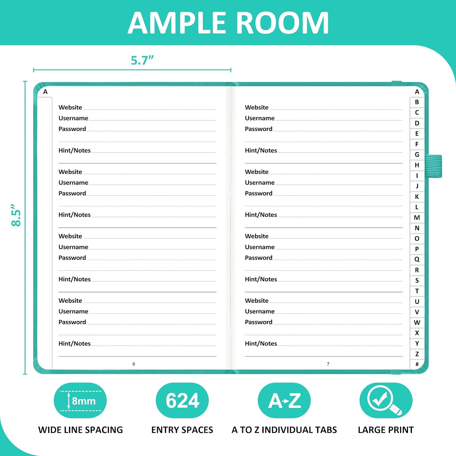 Comkiso Password Book with Individual Alphabetical Tabs Laminated, Large Print Password Keeper Book for Seniors, A5 Hardcover Internet Password Log Book to Record Website Login Details - Aquamarine image 3