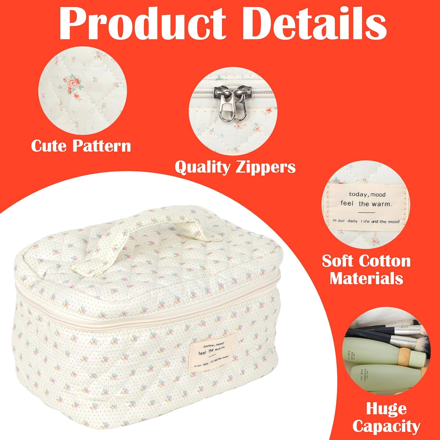 Makeup Bag Set of 3, Quilted Makeup Bag, Large Floral Cosmetic Bag for Women, Cute Cotton Makeup Bags, Flower Travel Toiletry Bag