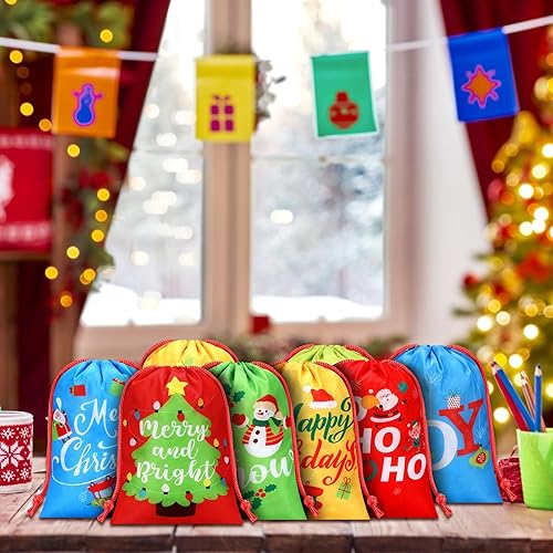 Miniatura 6 de Xuniea 24 bolsas de Navidad con cordón de 10 x 7 pulgadas, bolsas reutilizables de regalo de Feliz Navidad, pequeñas bolsas de envoltura para