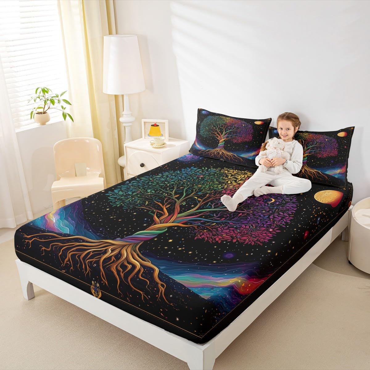 Abstract Life Tree Fitted Sheet Twin Size Bohemian Mystic Ethnic Bedding Set for Kids Boys Girls Teens Starry Galaxy Planet Bed Sheet Set Colorful Leaves Bed Cover Room Decor,No Top Sheet