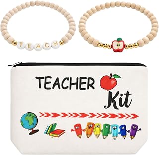3Pcs Teacher Appreciation Gifts Set for Women, Waterproof Linen Makeup Bag and Wooden Beads Bracelets with Message Card, Back to School Supplies Teacher Supplies