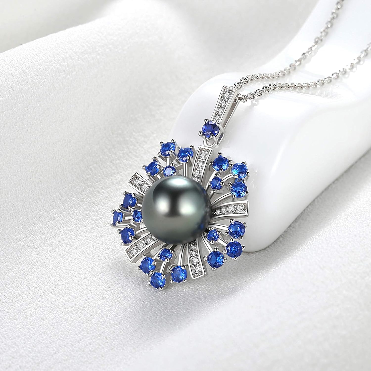 VIKI LYNN 10-11mm AAA Black Tahitian Cultured Pearl Pendant Necklace Jewelry for Women with Blue Spinel