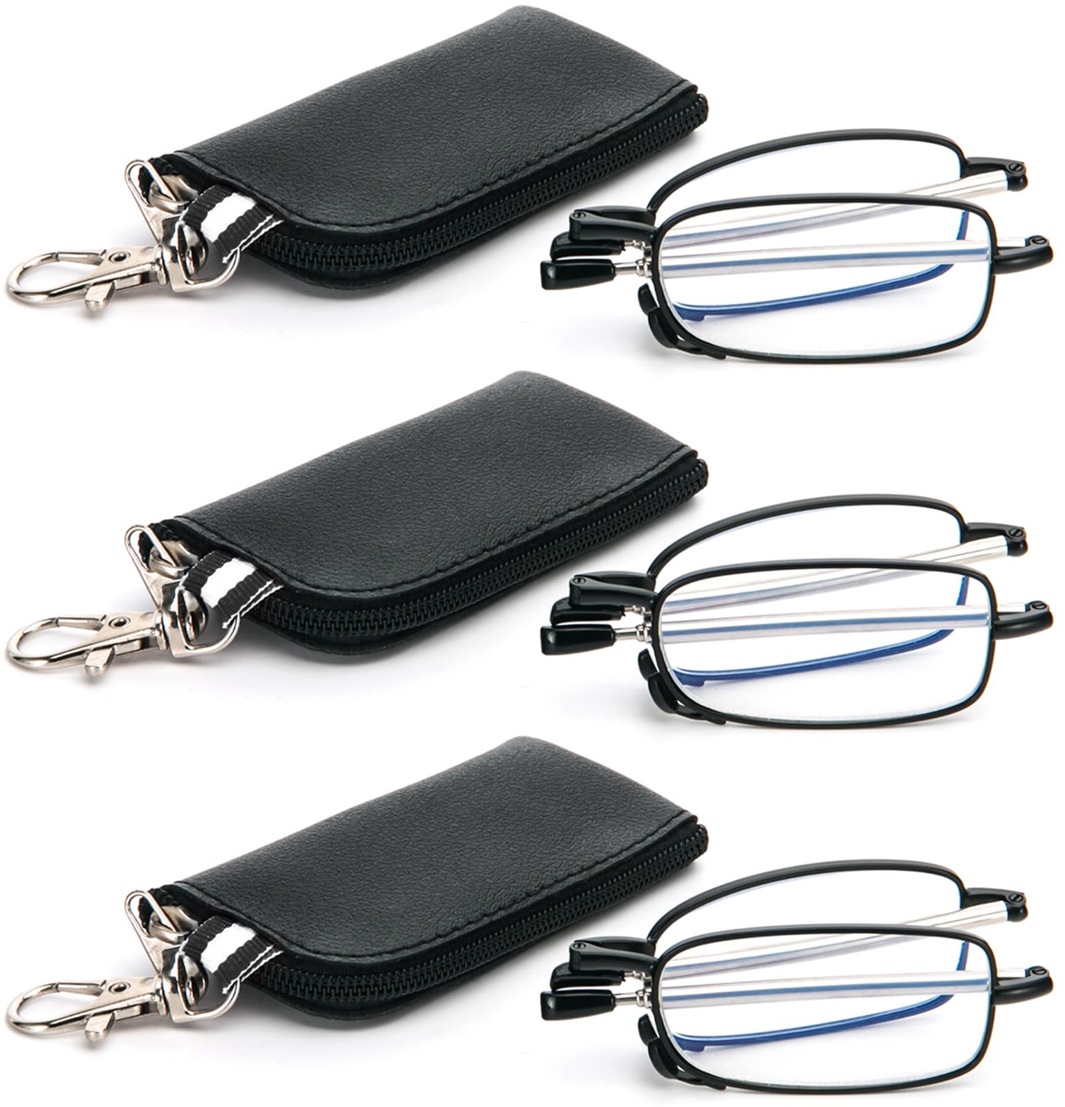REAVEE 3 Pack Folding Reading Glasses with Keychain Compact Bags Women Men Blue Light Blocking Spring Hinge Portable Pocket Readers,Black 1.5