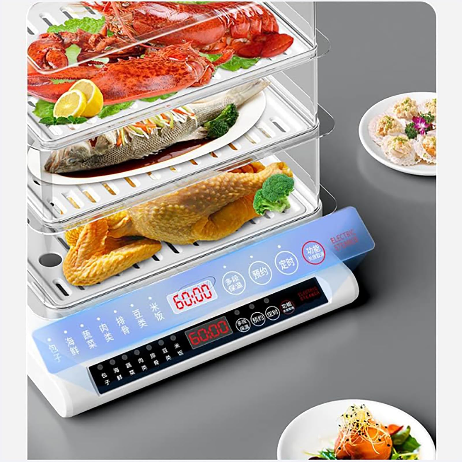 Vaporiera a 3 Livelli - Vaporiera Multifunzione da 20 Litri, 7 modalità di Cottura preimpostate, 60 Minuti di Cottura Rapida simultanea, cestelli impilabili per Verdure o Carne