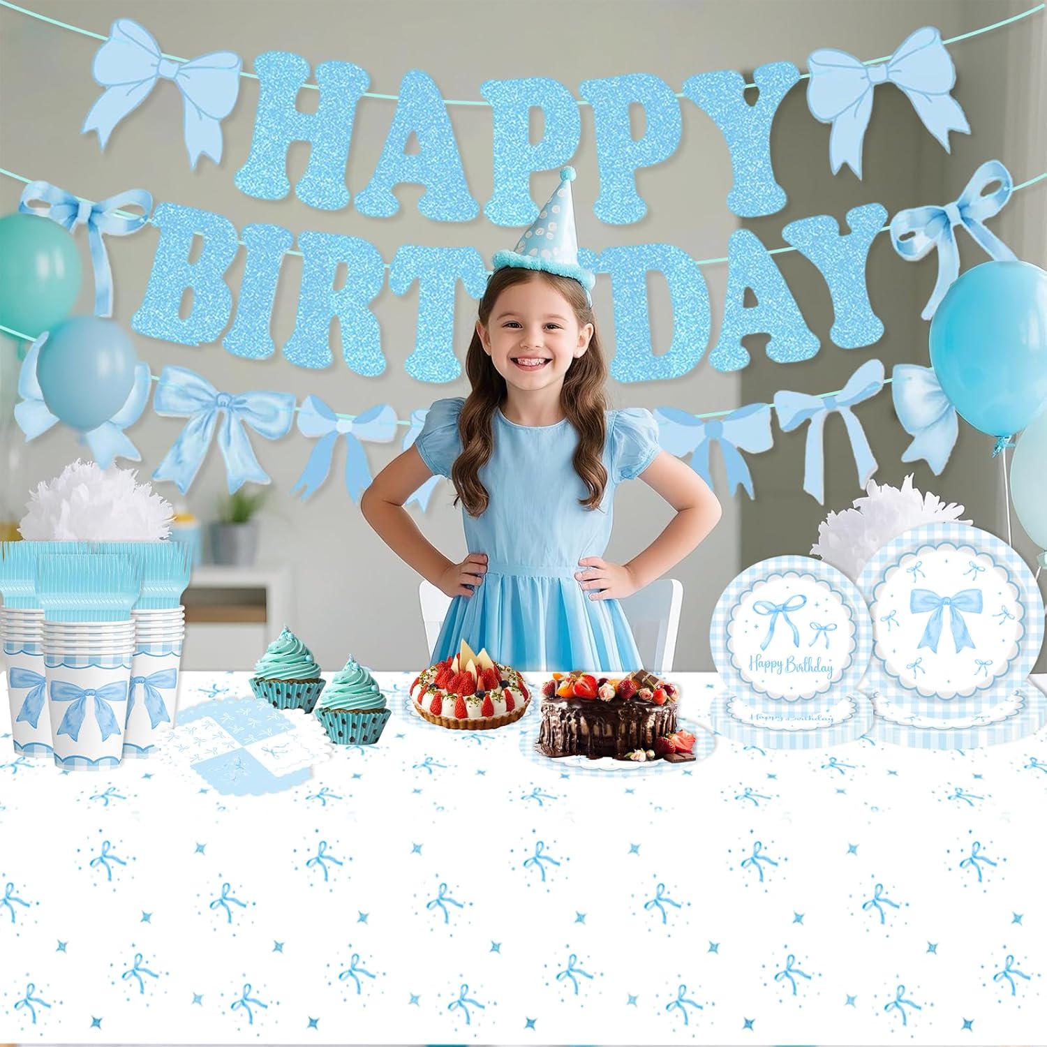 Blue Bow Party Decorations 104Pcs Girl Coquette Birthday Party Supplies Disposable Plates,Napkins,Tablecloth,Cups and Birthday Banner Balloons for Bow Party Decorations,Serve 20