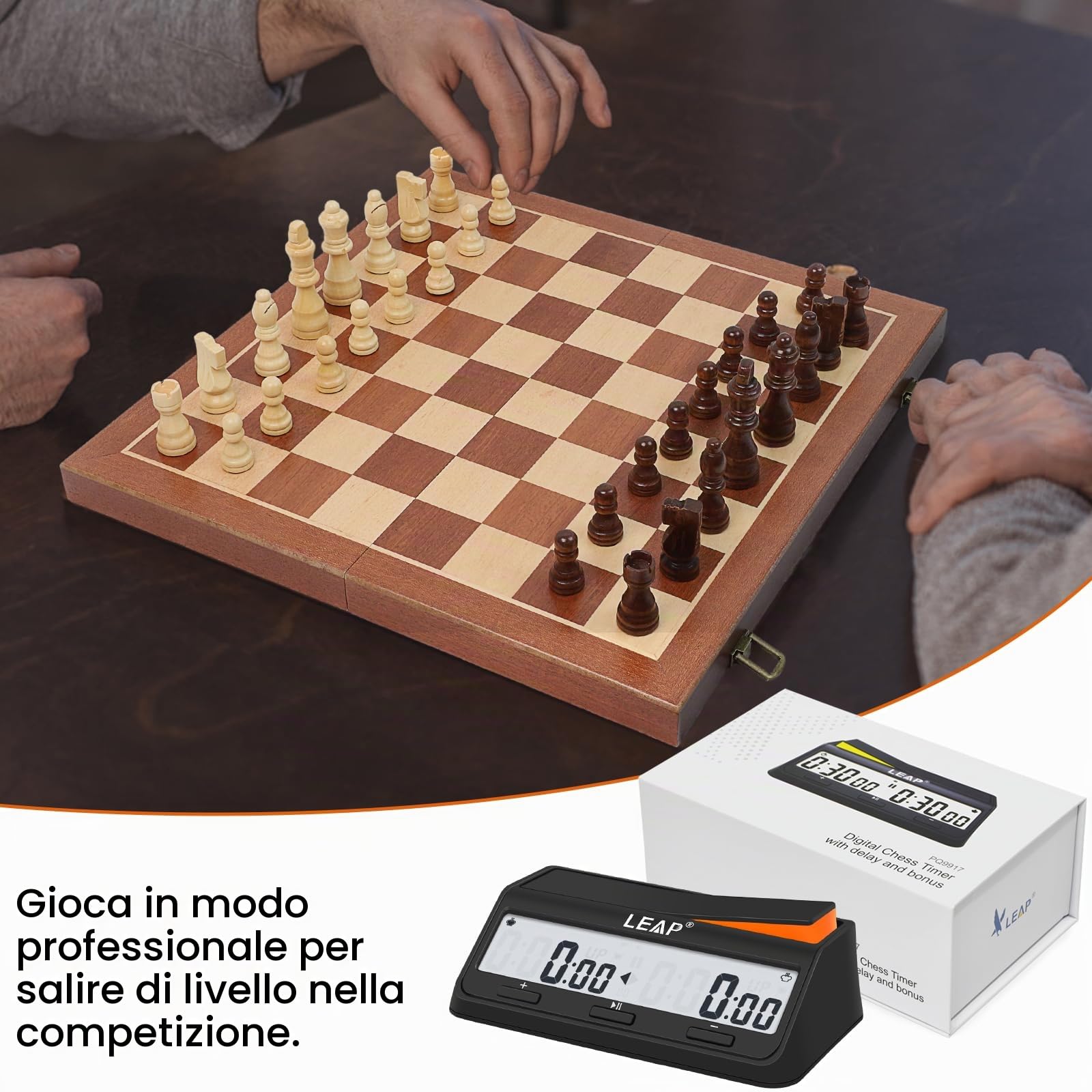 LEAP Orologio a scacchi con timer digitale aggiornato con funzione di conto alla rovescia bonus e ritardo per scacchi e giochi da tavolo per 2 giocatori, nero