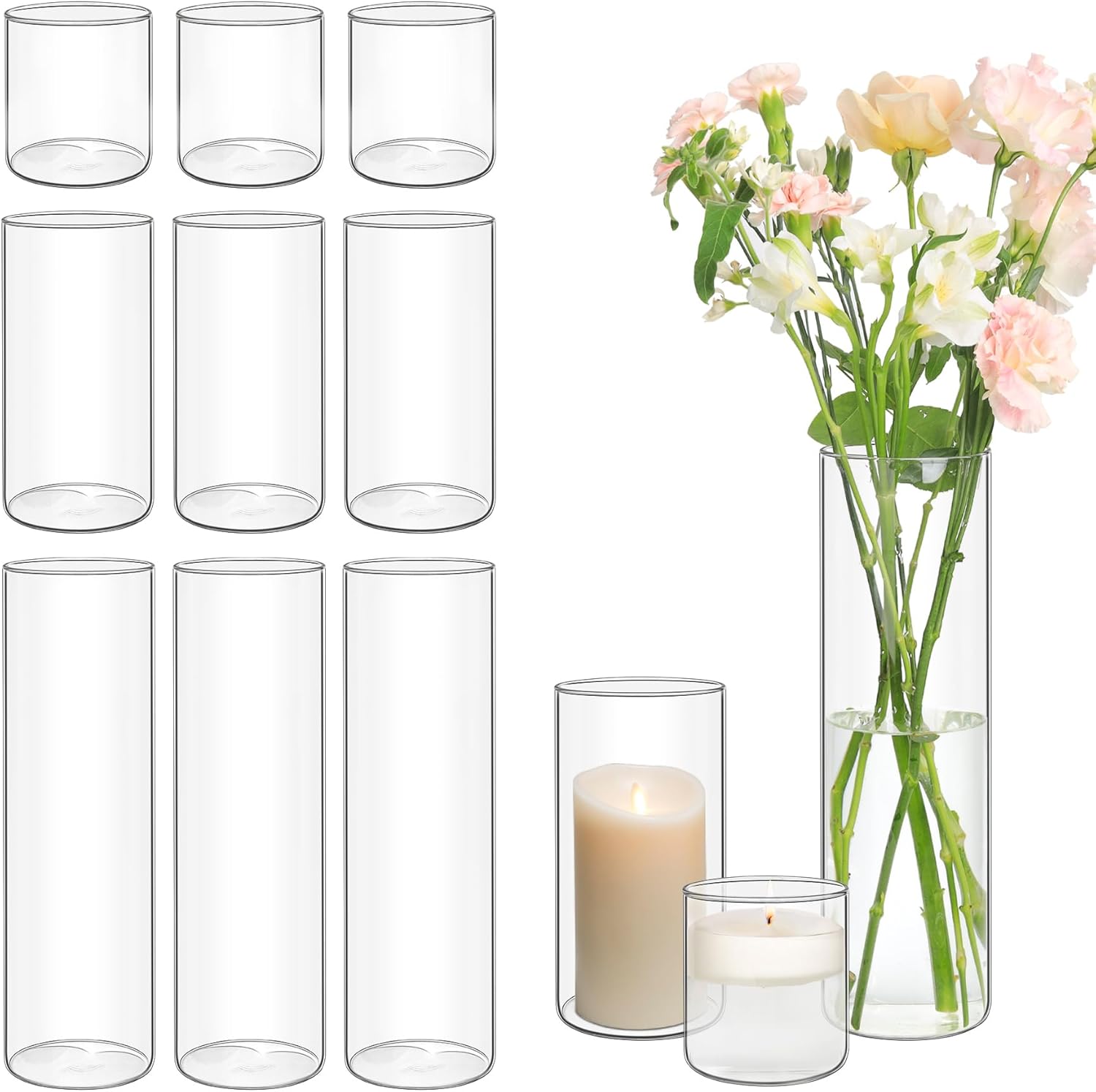 ComSaf Glass Cylinder Vases Set of 12, Clear Bud Vases for Centerpirces