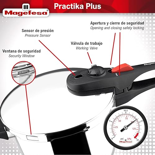 Miniatura 8 de Magefesa Practika Plus - Olla a presión súper rápida 8 cuartos de galón acero inoxidable 1810 inducción adecuada excelente distribución del calor