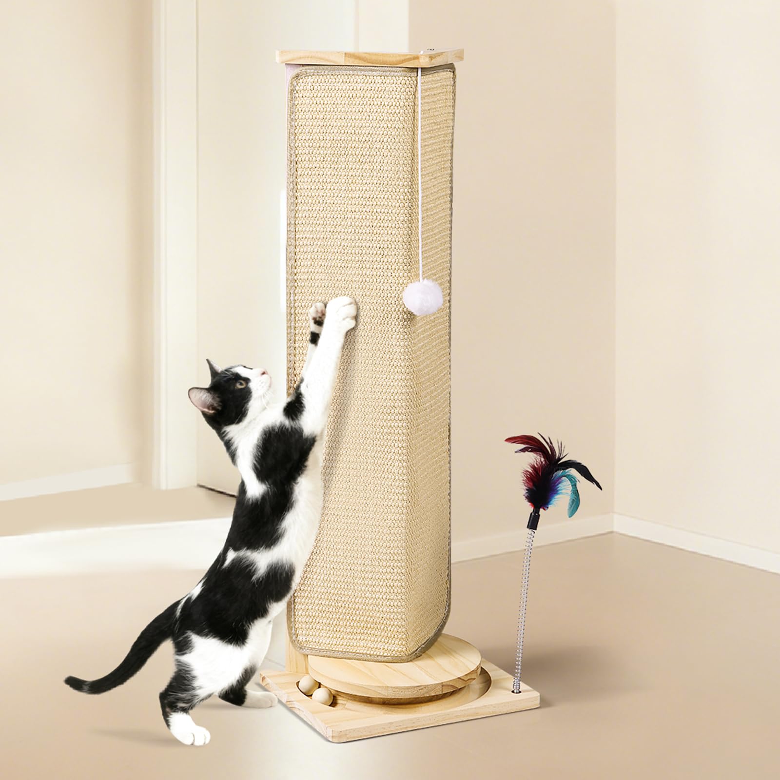 Tiragraffi angolare per gatti, alto 88 cm, con palla interattiva, tappetino sostituibile in sisal per gatti interni, protezione per mobili per divano e parete