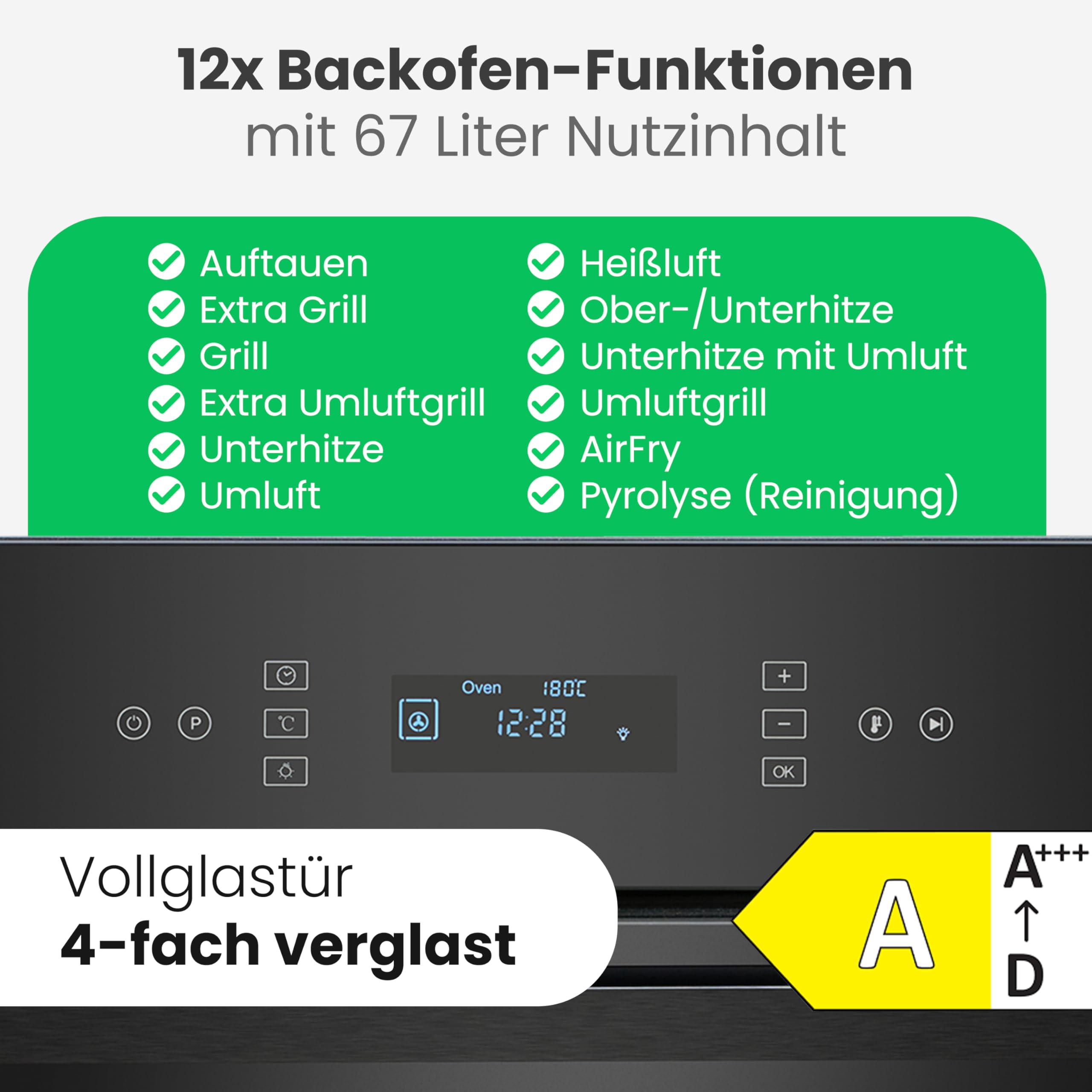 Bomann EBO 7912 Einbau-Backofen mit Pyrolyse 67L Touch-Display 50–280°C Energieklasse A schwarz