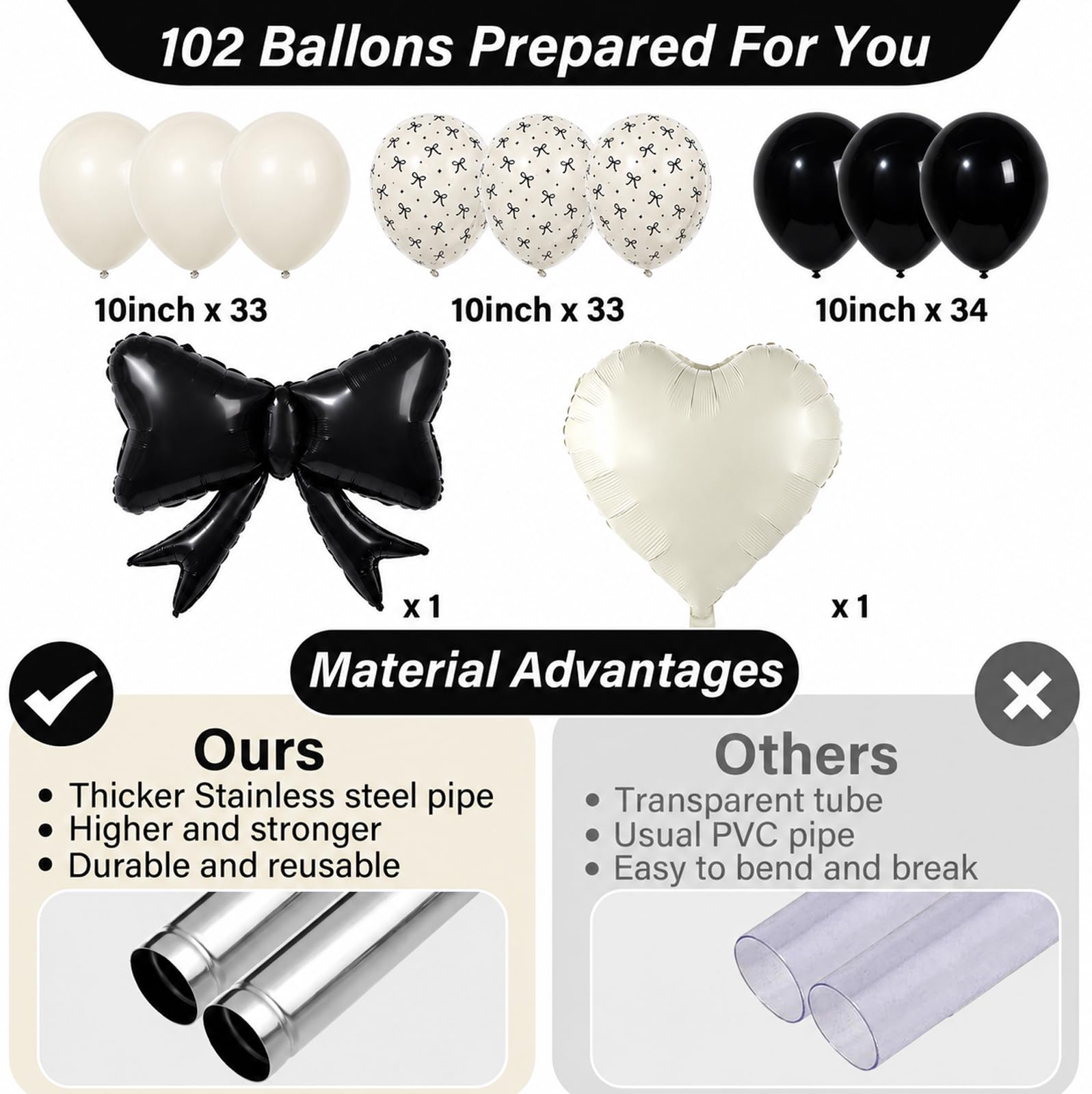 Palloncino a forma di cuore bianco a forma di racchetta con fiocco nero, decorazione con supporto