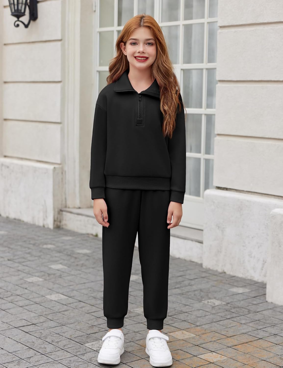 Arshiner Girls 2 Piece Outfits Sweatsuit Set Half Zip Lapel Collar Long Sleeve Sweatshirt Sweatpant Tracksuit Sets - Image 2