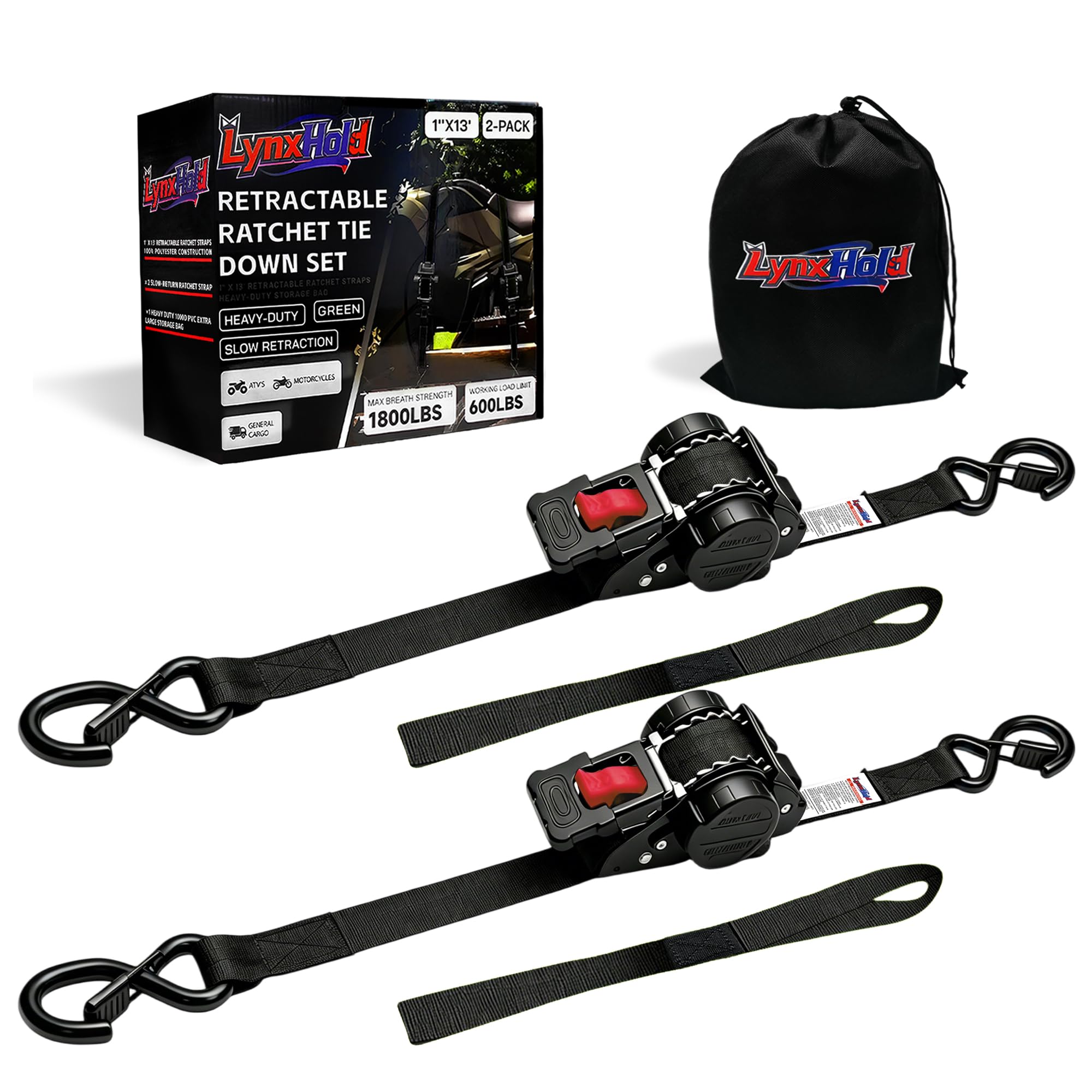 Retractable Ratchet Straps 1" x 13 Ft, Bolt-On, 1,800 Lbs, Black, 2 Pack