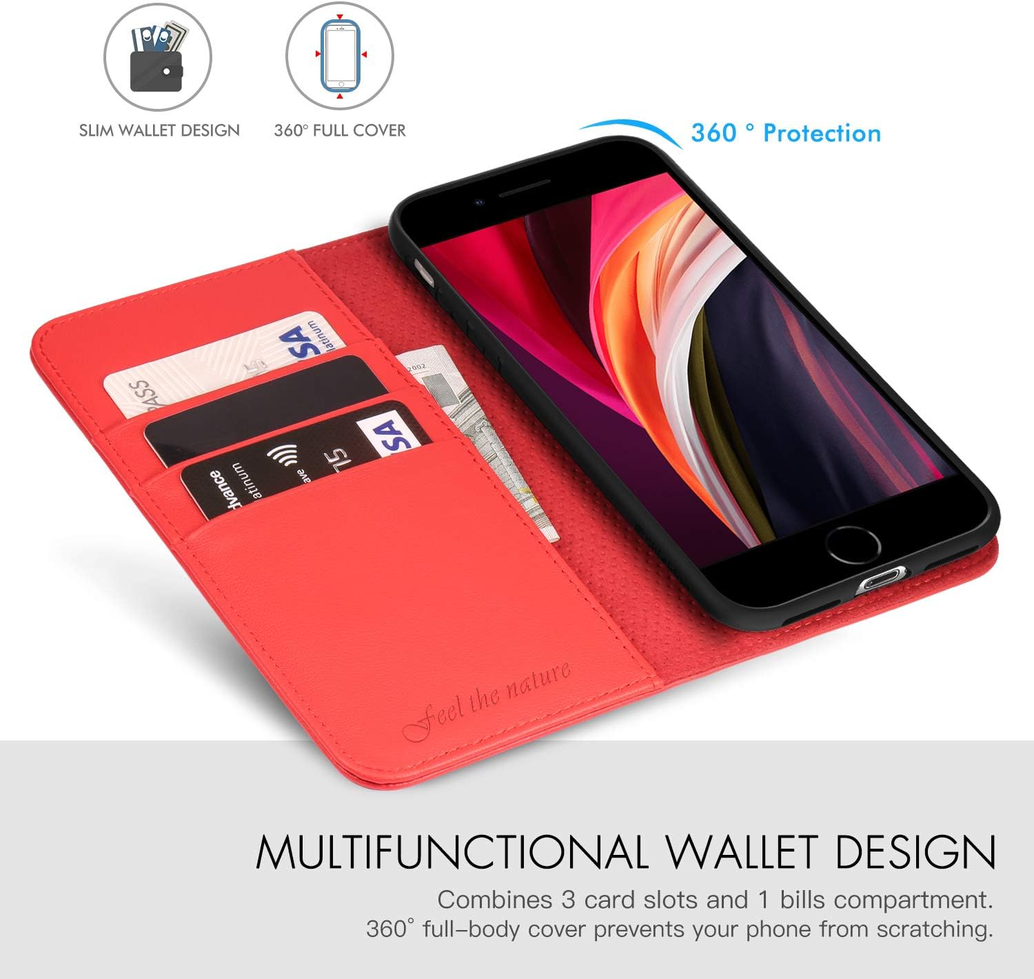 SHIELDON Case for iPhone SE 2022, iPhone SE 2020 Wallet Case, Genuine Leather Flip Book Case with Kickstand Card Slot Magnetic Closure TPU Shockproof Case Compatible with iPhone 8/7 4.7" - Red