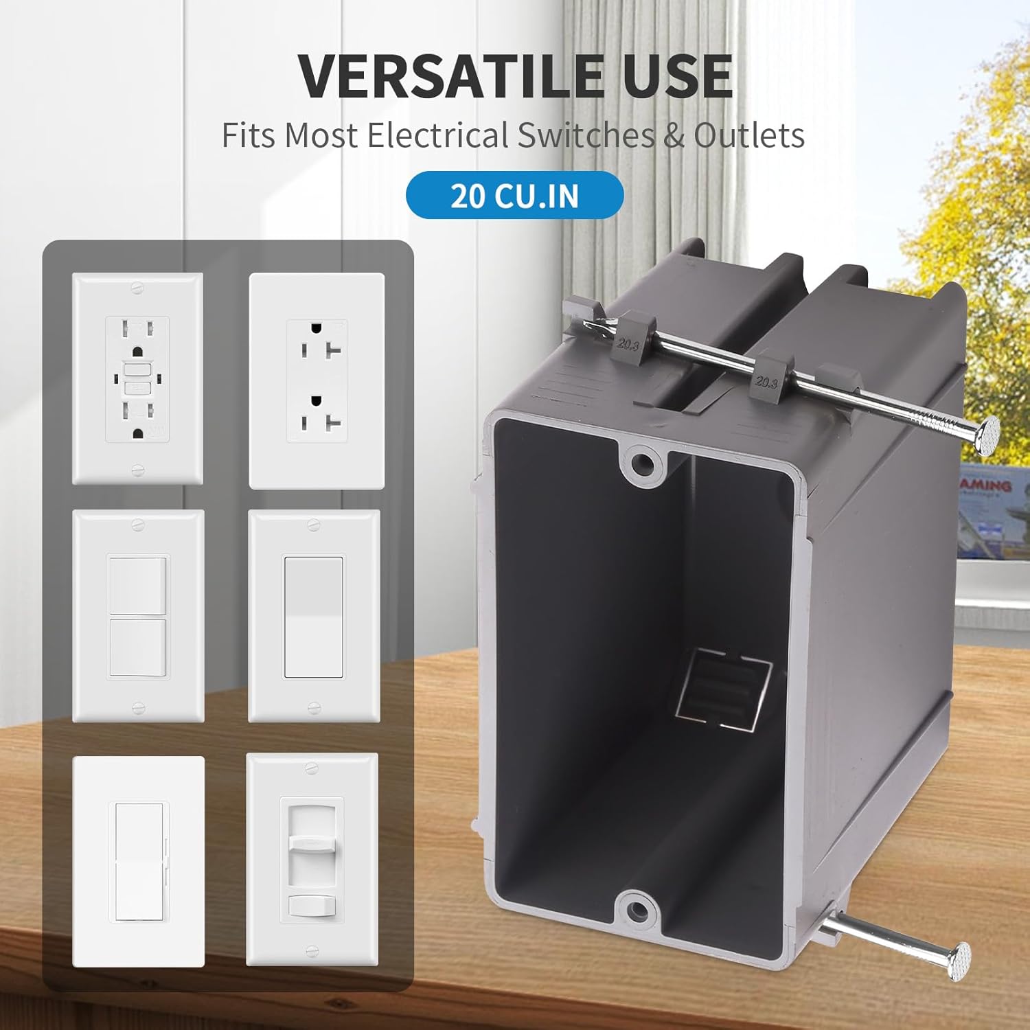 50 PK 1-Gang PVC New Work Electrical Nail Outlet Box, 20 Cubic Inch Switch Box, ETL Listed to UL514C and UL263, 2 Hour Fire Rating New Work Box, Gray