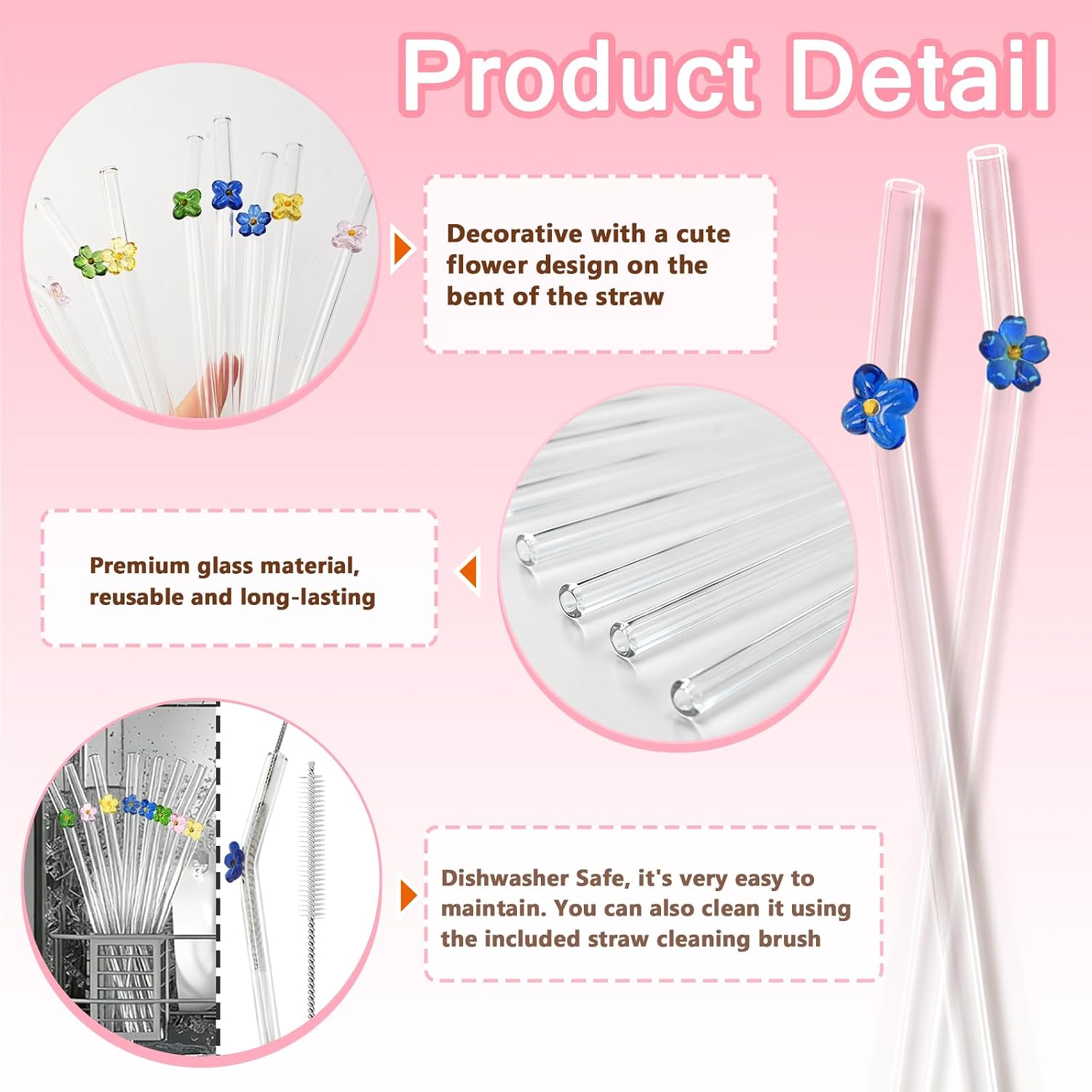 10 Pack Reusable Glass Straws with Charms, 7.9” x 8mm Cute Colorful Flower Glass Drinking Straws with 2 Cleaning Brush, Reusable Clear Glass Straw for Beverages, Juices, wine (Flower - A)