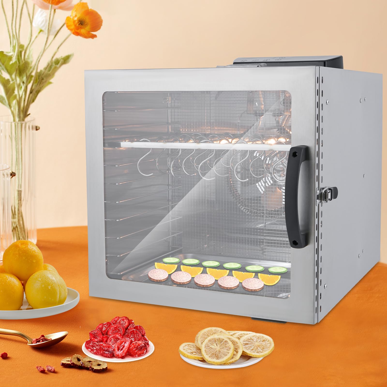 Dörrautomat Edelstahl 1000W 10 Etagen 42.5L Trocknungsschrank-Trockner Maschine mit Ölauffangschale und 20 Haken, 30-90°C Timer 24H Lebensmittel-Dehydrator für Rindfleisch Hühnerwurst Hundeleckerlis