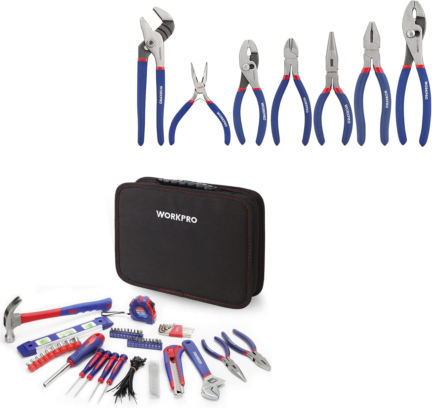 WORKPRO 7-Piece Pliers Set (Groove Joint, Long Nose, Slip Joint, Diagonal, Linesman) for DIY & Home Use, 100-Piece Kitchen Household Hand Tool Set with Pouch