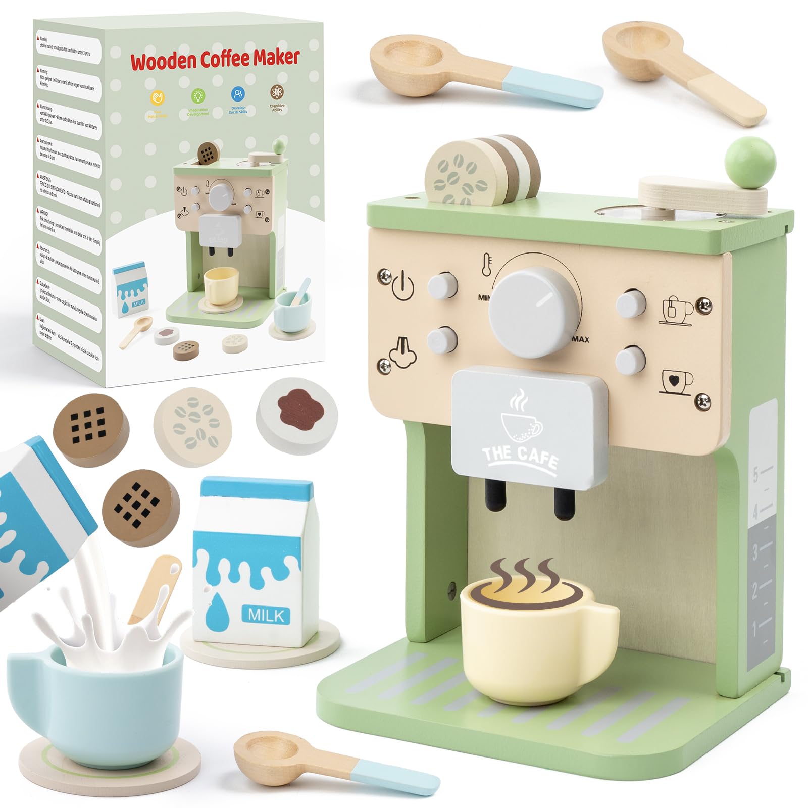 Machine à Café Jouet en Bois avec Son pour Enfant, Jeu de Rôle Cuisine Montessori et Éducatif, 3+ Ans 10 Pièces