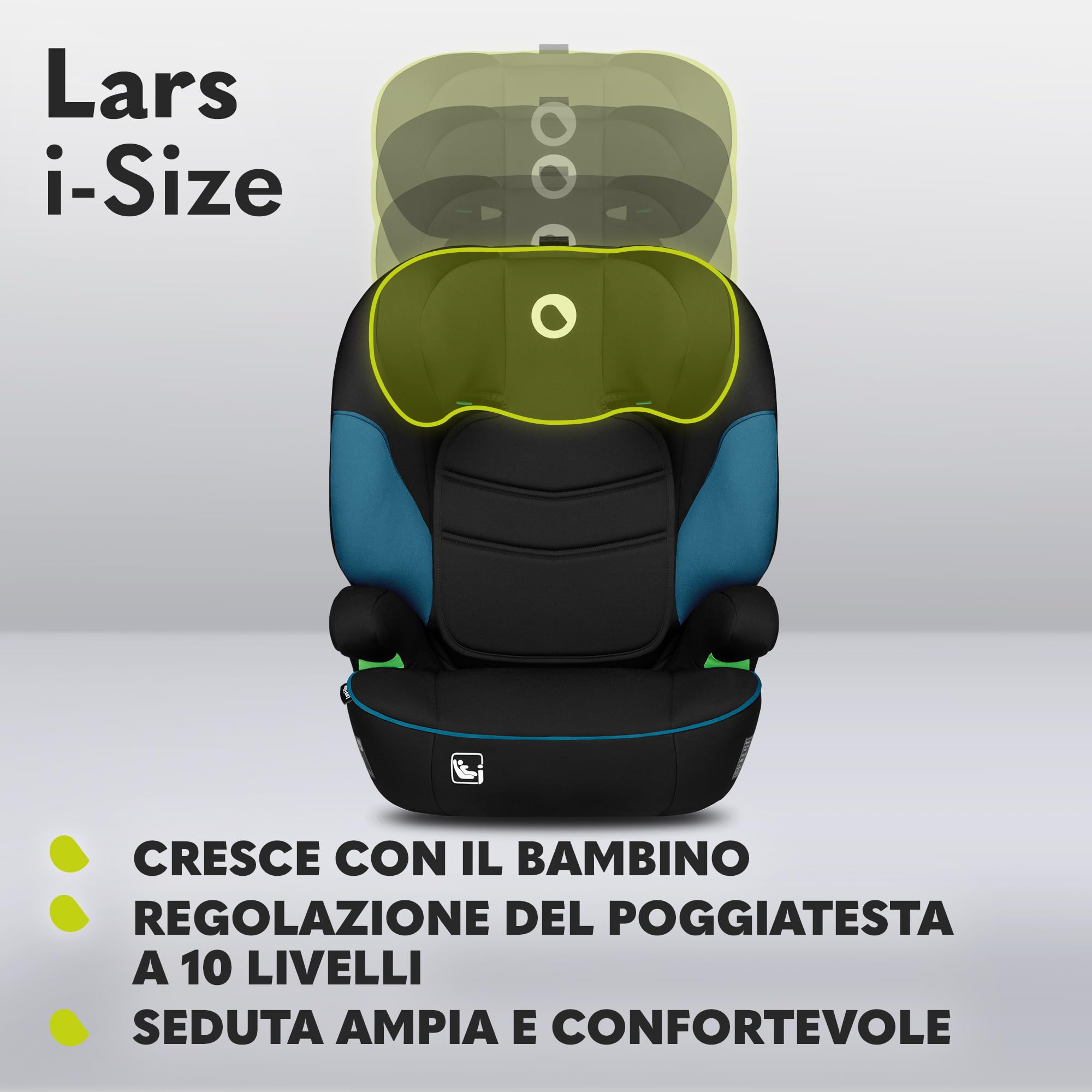 Lionelo Lars i-Size Seggiolino Auto con l'ultima Norma i-Size R129 per bambini (100-150cm/4-12 anni) Protezioni laterali, Poggiatesta regolabile, Leggero e facile installare, Opzione Solo rialzo auto