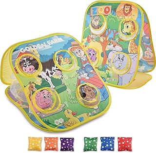 Rabosky Bean Bag Toss Game Toy for Toddlers Age 3 4 5 Year Old, Gift for Boys Birthday or Christmas, Collapsible Double Sided Outdoor Cornhole Board for Kids, Farm&Zoo Themes, 6 Beanbags