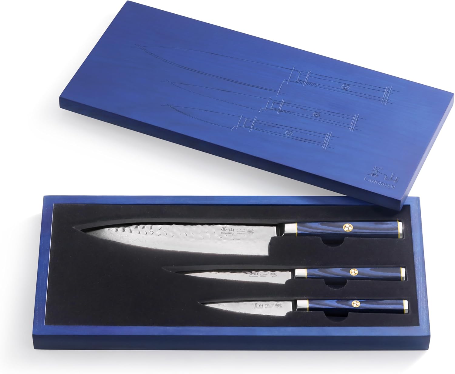 Cangshan KITA Series 3-Piece Starter Knife Set (8" Chef + Serr. Utility + 3.5" Paring) High Carbon X-7 Damascus Steel Blades with Ash Wood Box, 501530 (3pc)