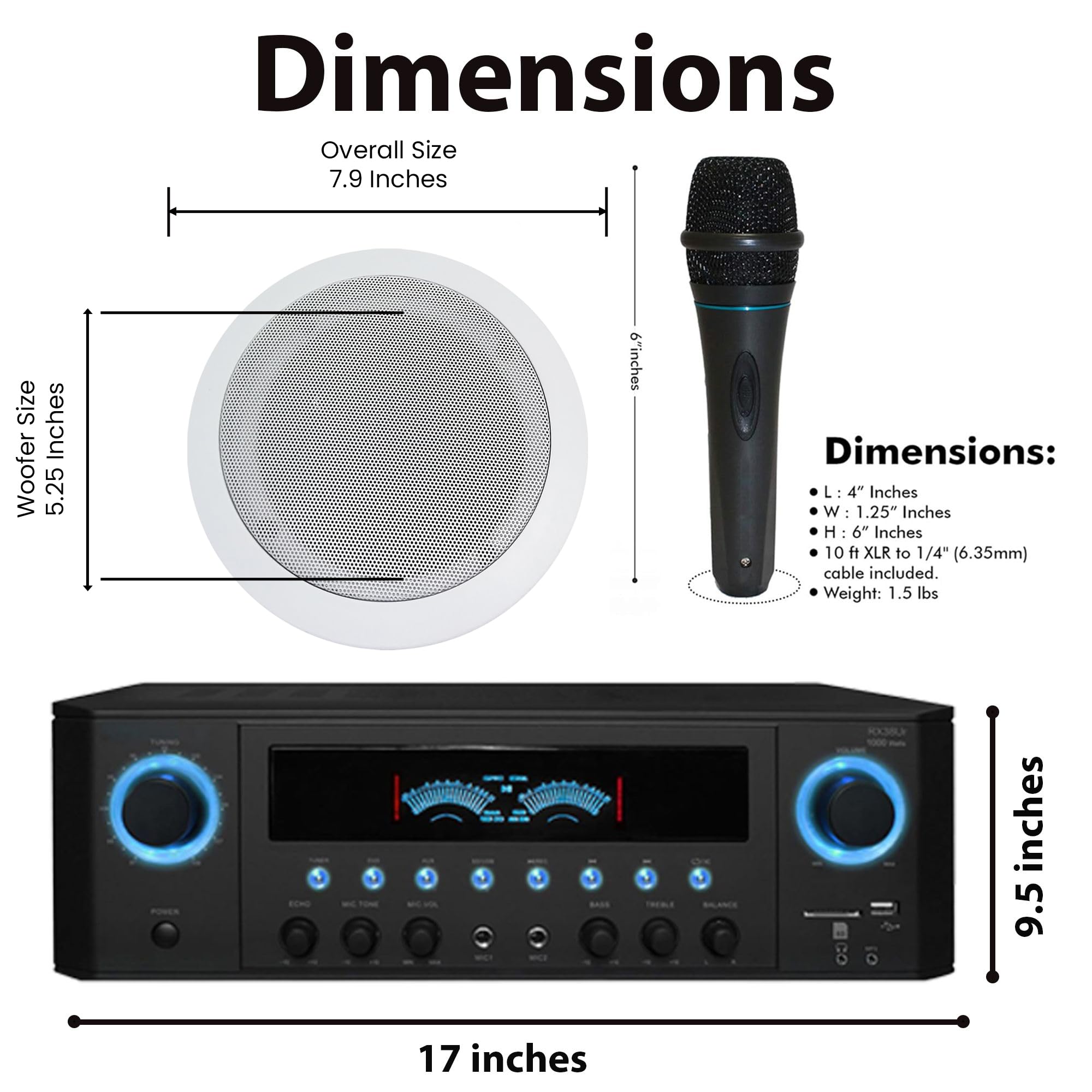 Technical Pro 1000 Watts Professional Home Theater Receiver System Kit w Portable Microphone with Digital Processing and Remote 6 Qty of 5.25” Ceiling Wall Mount Framed Speakers