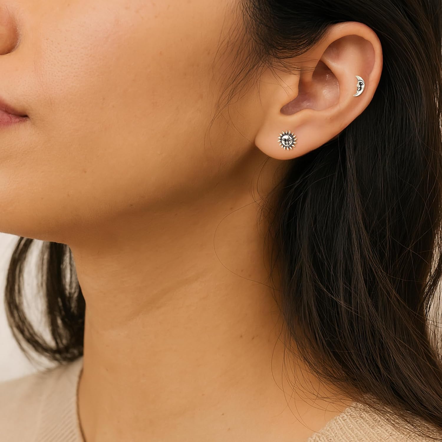 AeraVida Sterling Silver Sun and Moon Stud Earrings for Women | Lightweight Hypoallergenic Celestial Jewelry with Push Back | Shiny Oxidized Finish in Sun and Crescent Design