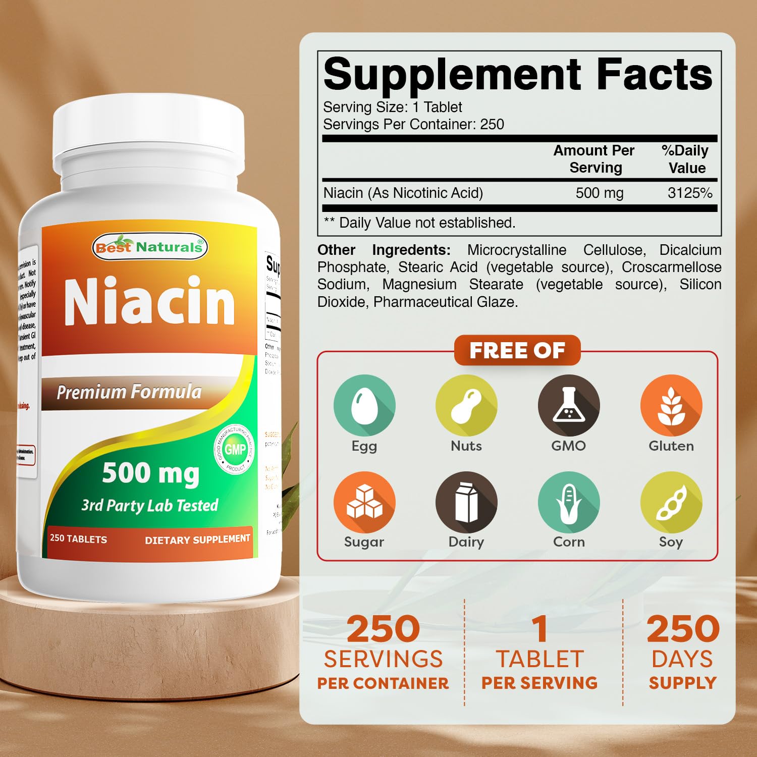 Best Naturals Niacin 500mg 250 Tablets with Flushing - Also Called Vitamin B3 (250 Count (Pack of 1)) — Amazon image 2