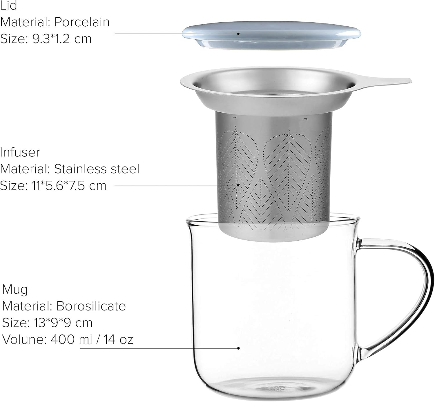 VIVA Minima Eva Glass Tea Cup with Infuser and Lid, 14 oz, Hazy Blue