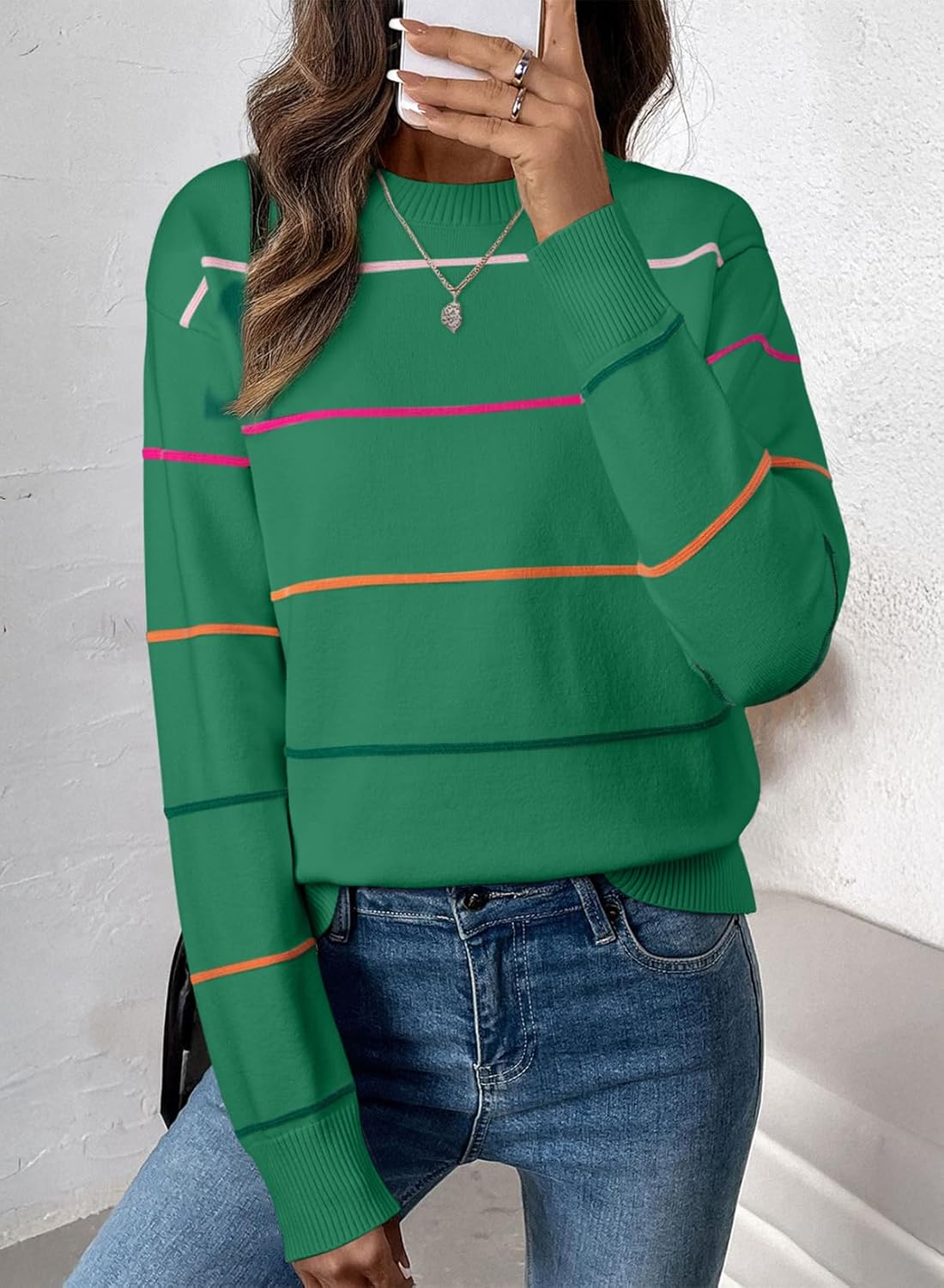 SHEWIN Womens Sweaters Crew Neck Knit Long Sleeve Striped Sweater Fall Outfits for Women 2025 - Image 2