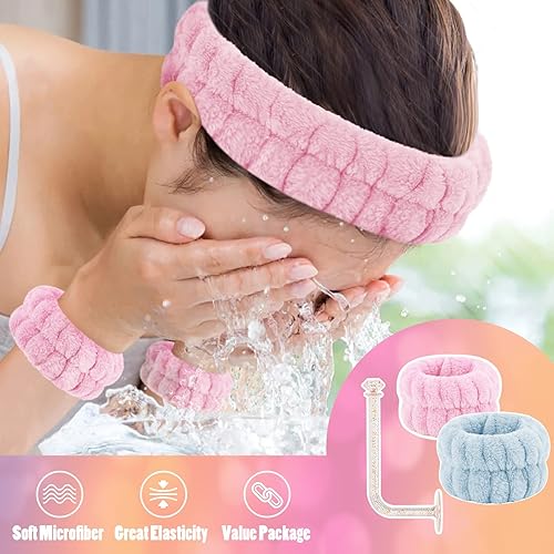 Miniatura 3 de Juego de lavado de cara, diadema, pulseras de microfibra absorbente con soporte para lavar la cara, bandas elásticas de muñeca de spa