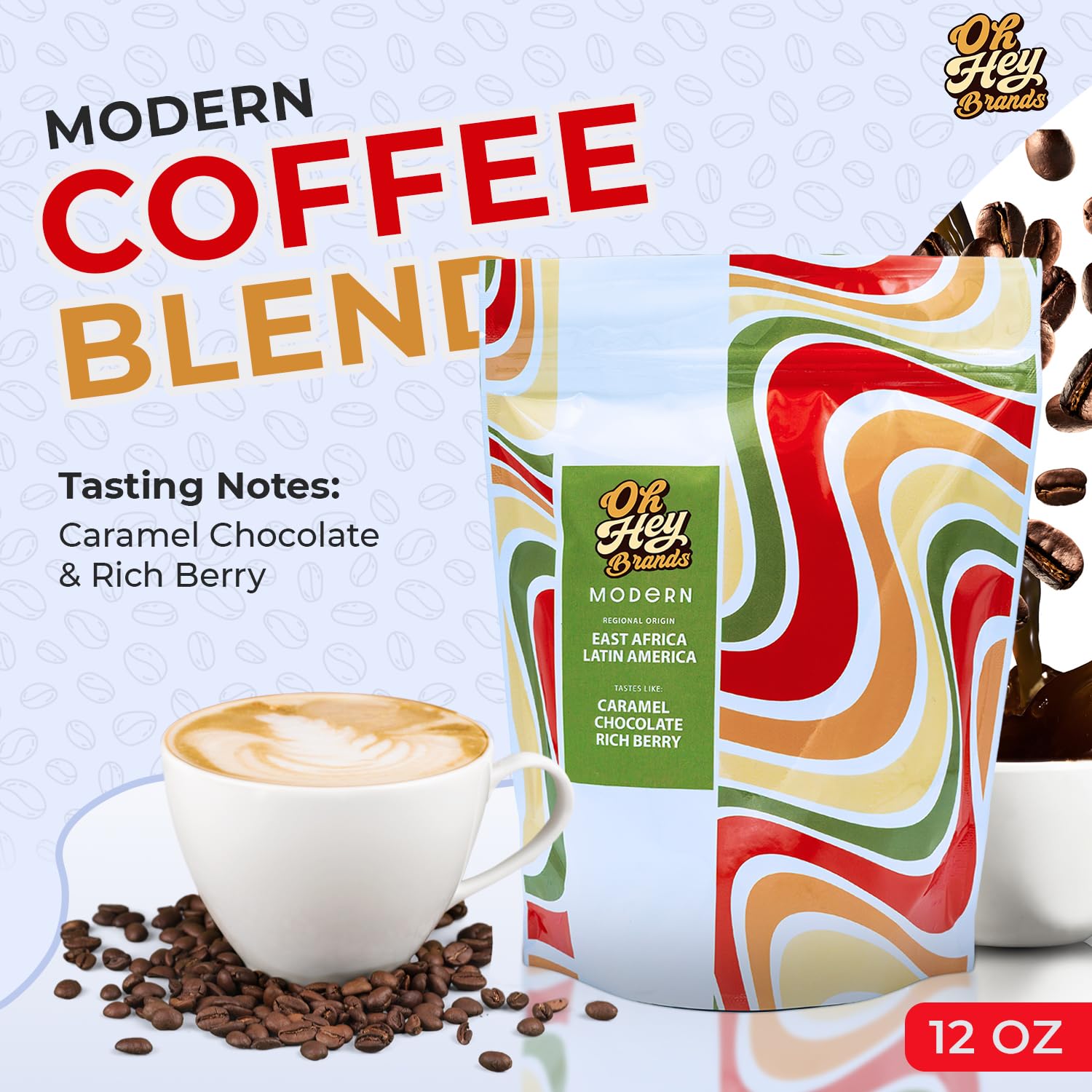OH HEY BRANDS whole bean coffee medium roast 12oz with Caramel, Chocolate, and Berry Notes – Premium Arabica Beans Sourced from East Africa & Latin America – Modern
