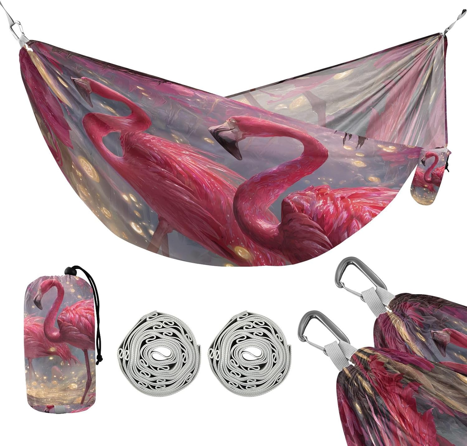 ALAZA Red Flamingos Camping Hammocks Single or 2 Person 500 lbs Portable Parachute Travel Hammock w/Tree Straps for Hiking Backpacking Indoor Outdoor