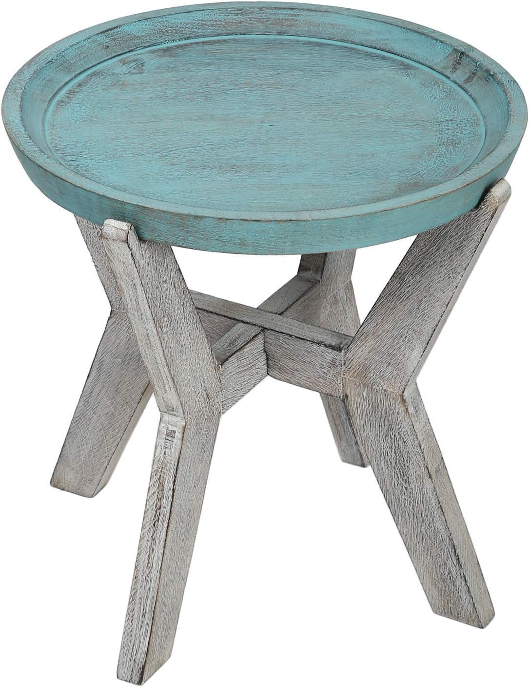 SAVON Serving Table Wood Side end Round Blue Rustic Wooden Tray Collapsible Distressed