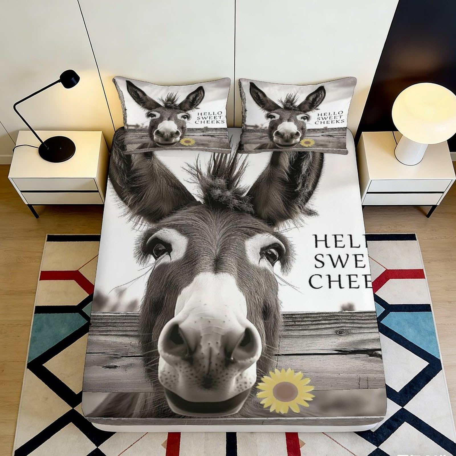 3D Printed Donkey Face Fitted Sheet Microfiber Soft Anti-Slip Sunflower Bed Cover for Bedroom Dorm Mattress Decor 90x200x25cm