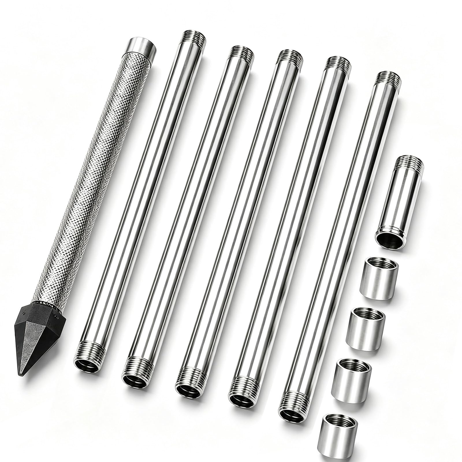 Kit Pozzo a Punta da 1-1/4": Punta Battente in Acciaio Inox con Filtro Sabbia da 36" (Maglia 60) E 5 Tubi di Prolunga Zincati; Kit Fai-da-Te per Irrigazione Prati