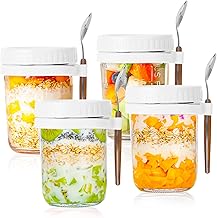 Paidiem Overnight Oats Jars Containers with Lid and Spoon Set of 4, 10 oz Large Airtight Oatmeal Capacity Container with Measurement Marks, Reusable On The Go Cups for Salads Yogurt Cereal Milk Fruit
