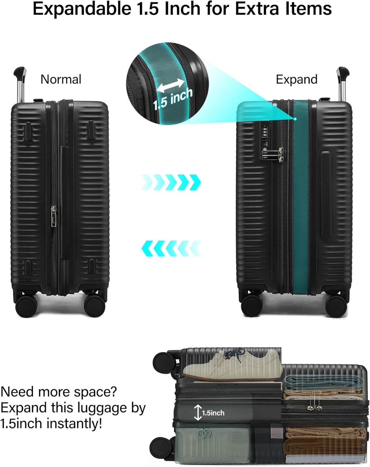 MILADA Expandable Carry On Luggage 20 Inch - Airline Approved Hardshell Suitcase with 8 Spinner Wheels, TSA Lock, Water-Resistant PC Shell, Lightweight & Durable for Travel, Jet Black