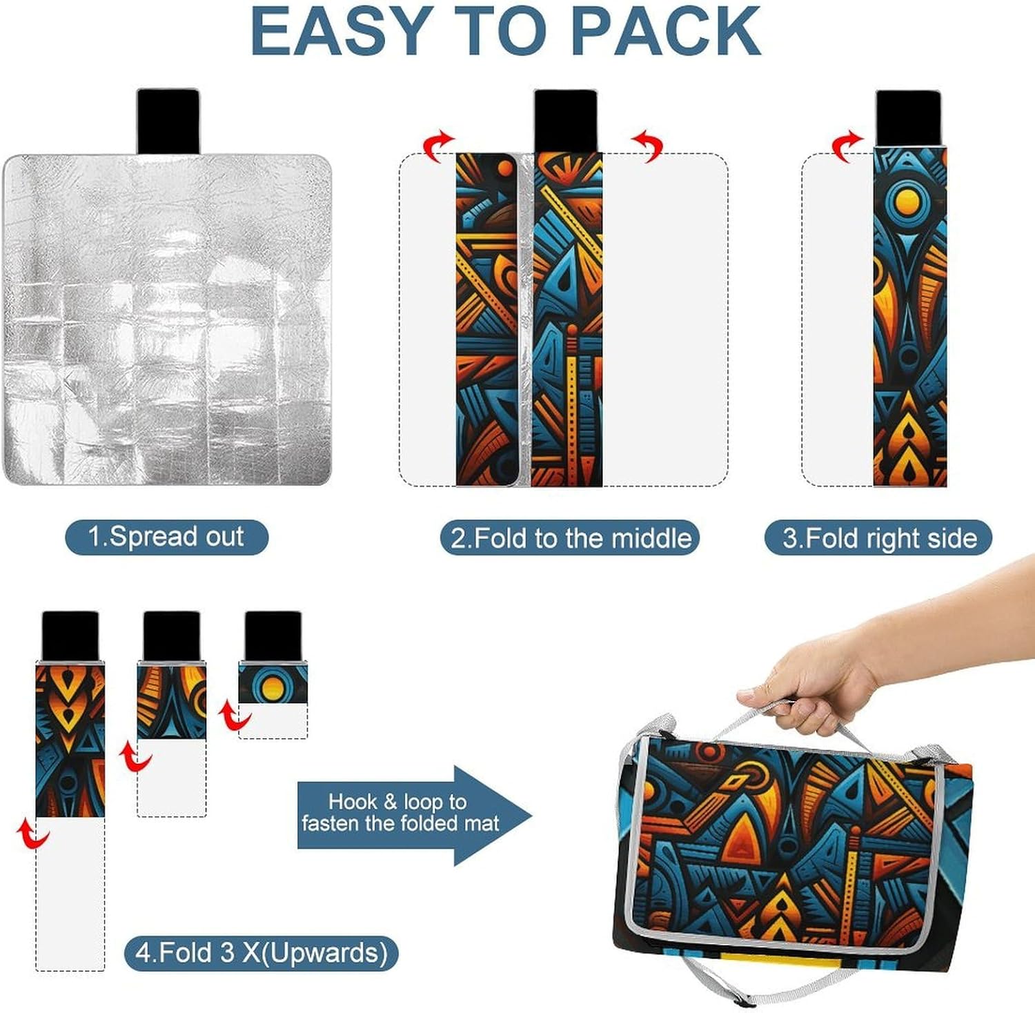 African Style Textile Pattern Waterproof Picnic Blanket 58.3''x58.3'',Portable and Foldable Picnic Mat with Handle,Outdoor Blankets for Lawn Park Beach Travel