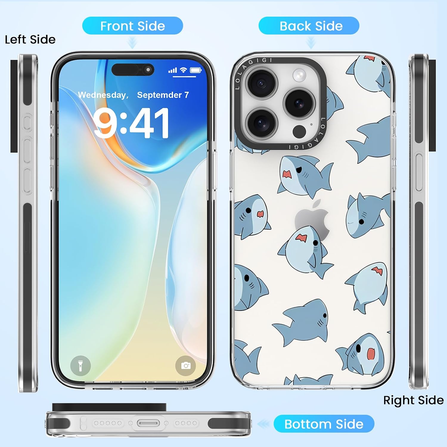 Case for iPhone 16 Pro Cute Blue Sharks Kawaii Funny Cartoon image 5