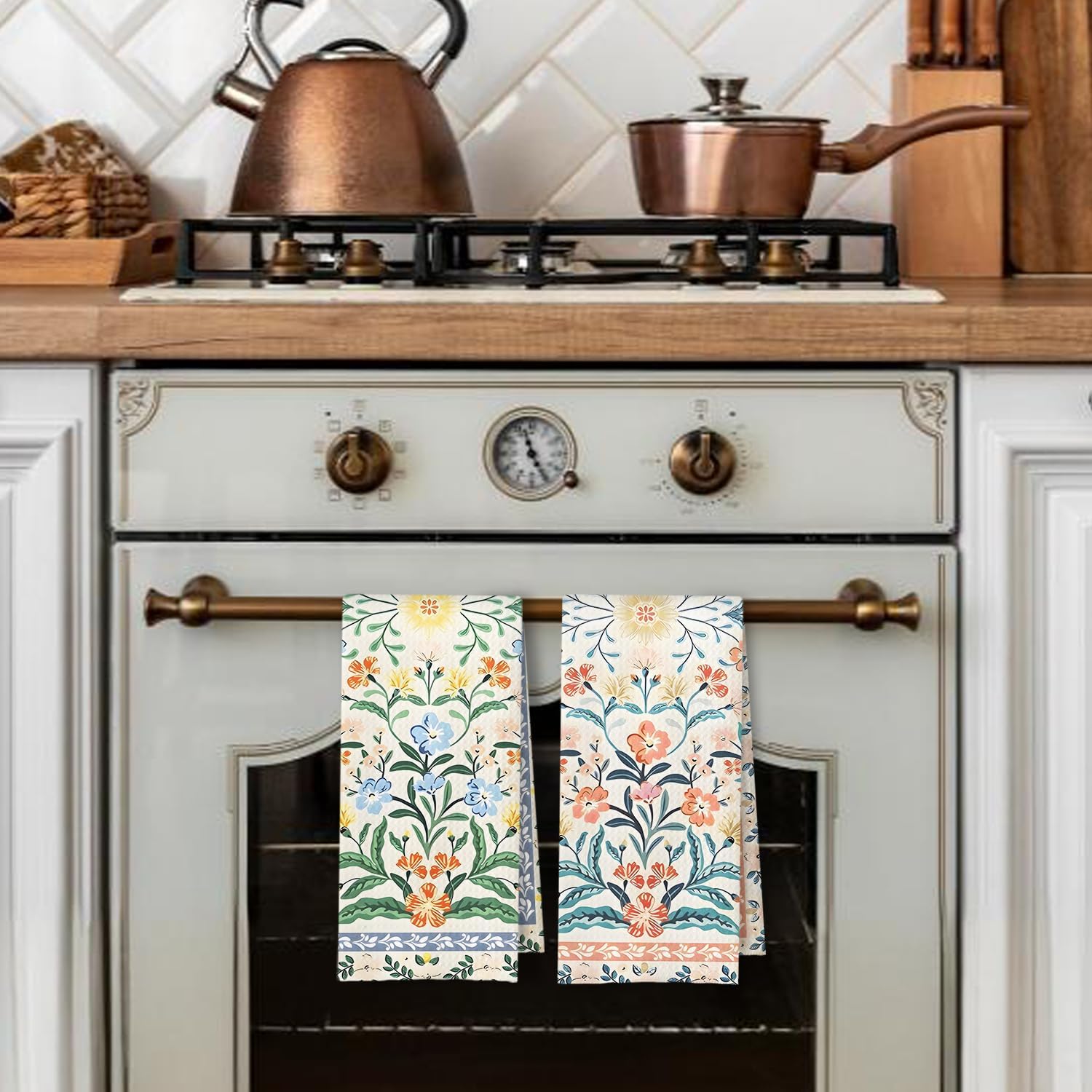 Vintage Boho Floral Kitchen Towels Set of 2, Retro Oriental Traditional Flower Dish Tea Towels for Kitchen Decor, Pink and Blue Floral Decorative Hand Towels for Bathroom Decor, 16x24 in - Image 3