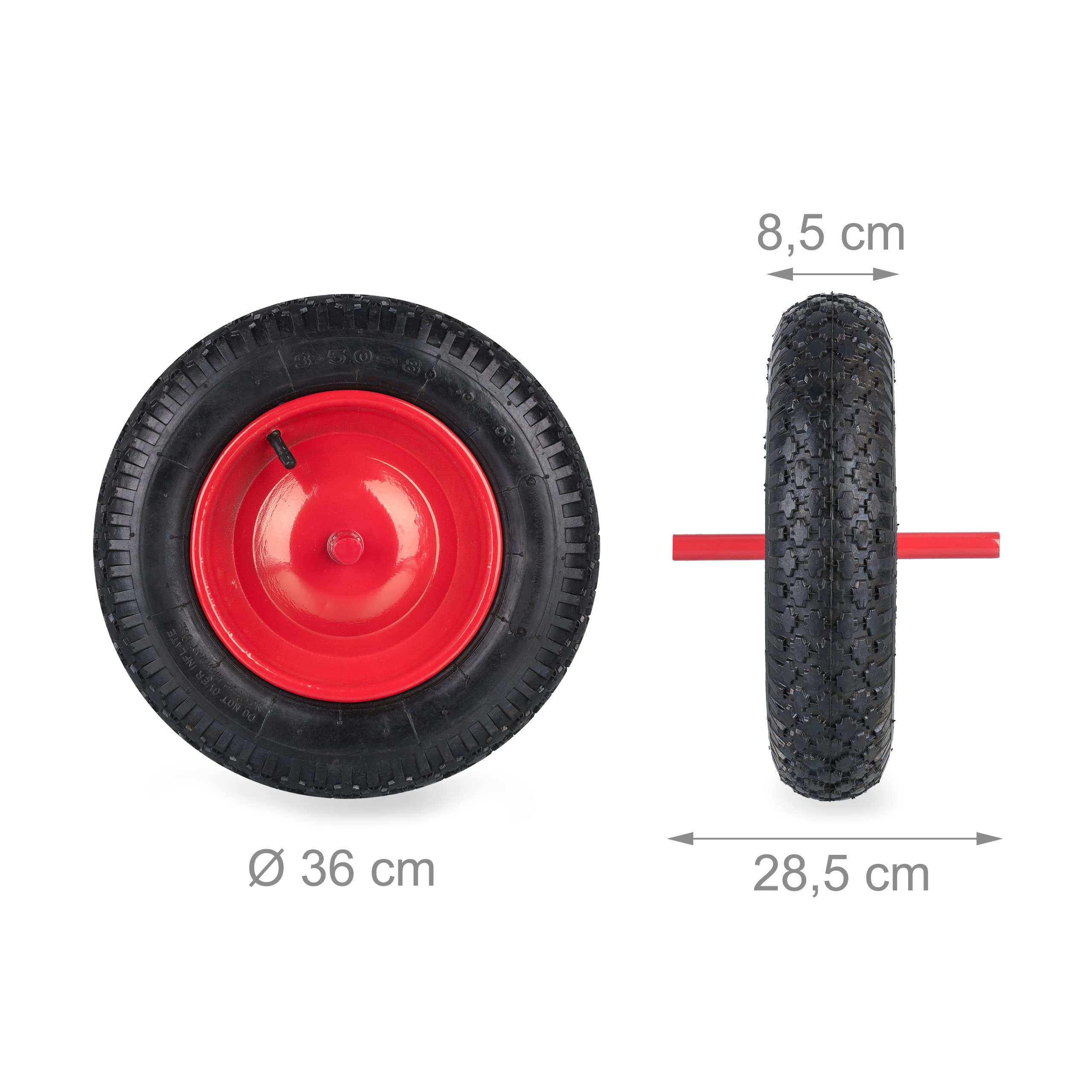 Relaxdays Roue de brouette 3.50-8 avec axe Fixe, Jante en Acier, capacité de Charge Max. : 120 kg, Noir et Rouge