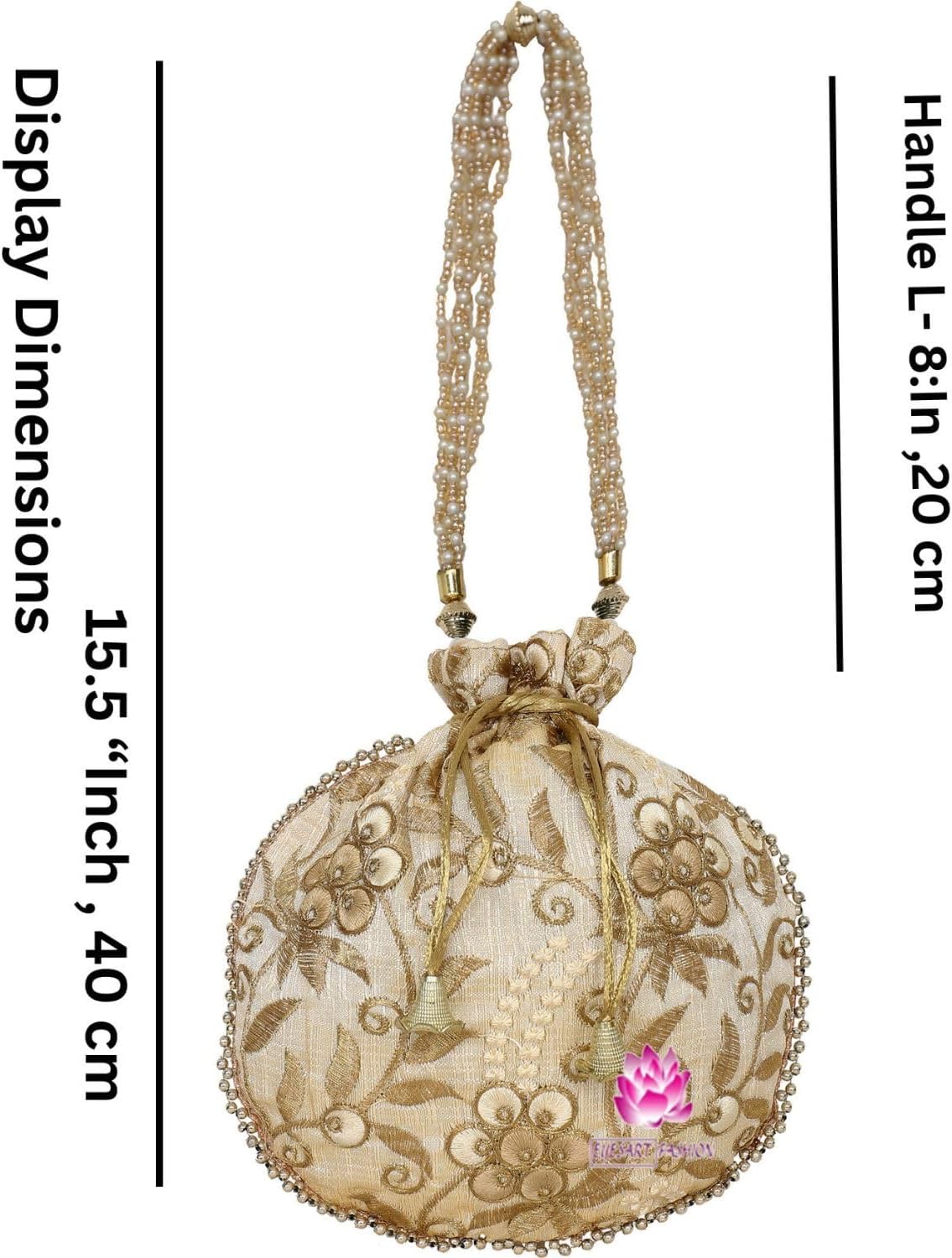 Potli Bag for Women Ethnic Gold, Pearl Handle Floral Accents, Drawstring Closure Pearls Handle Batwa Clutch Purse - Image 6