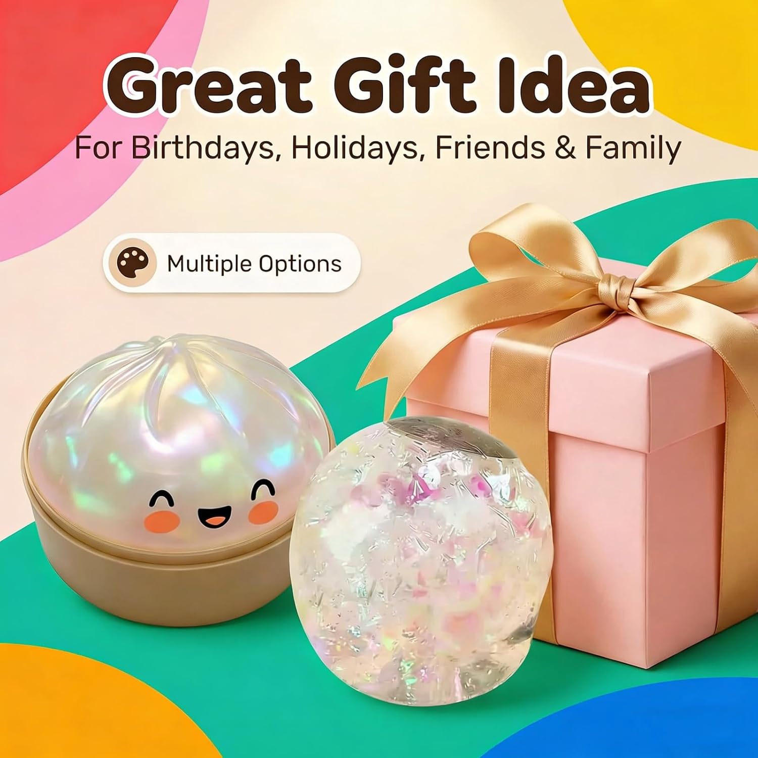 Glitter Dumpling, Glitter Dumpling Squishy Box, Squishies Stress Ball, Anxiety Relief Fidget, Soft Squeeze Decompression Dough, Relaxation Gift (4 Bright Colors)