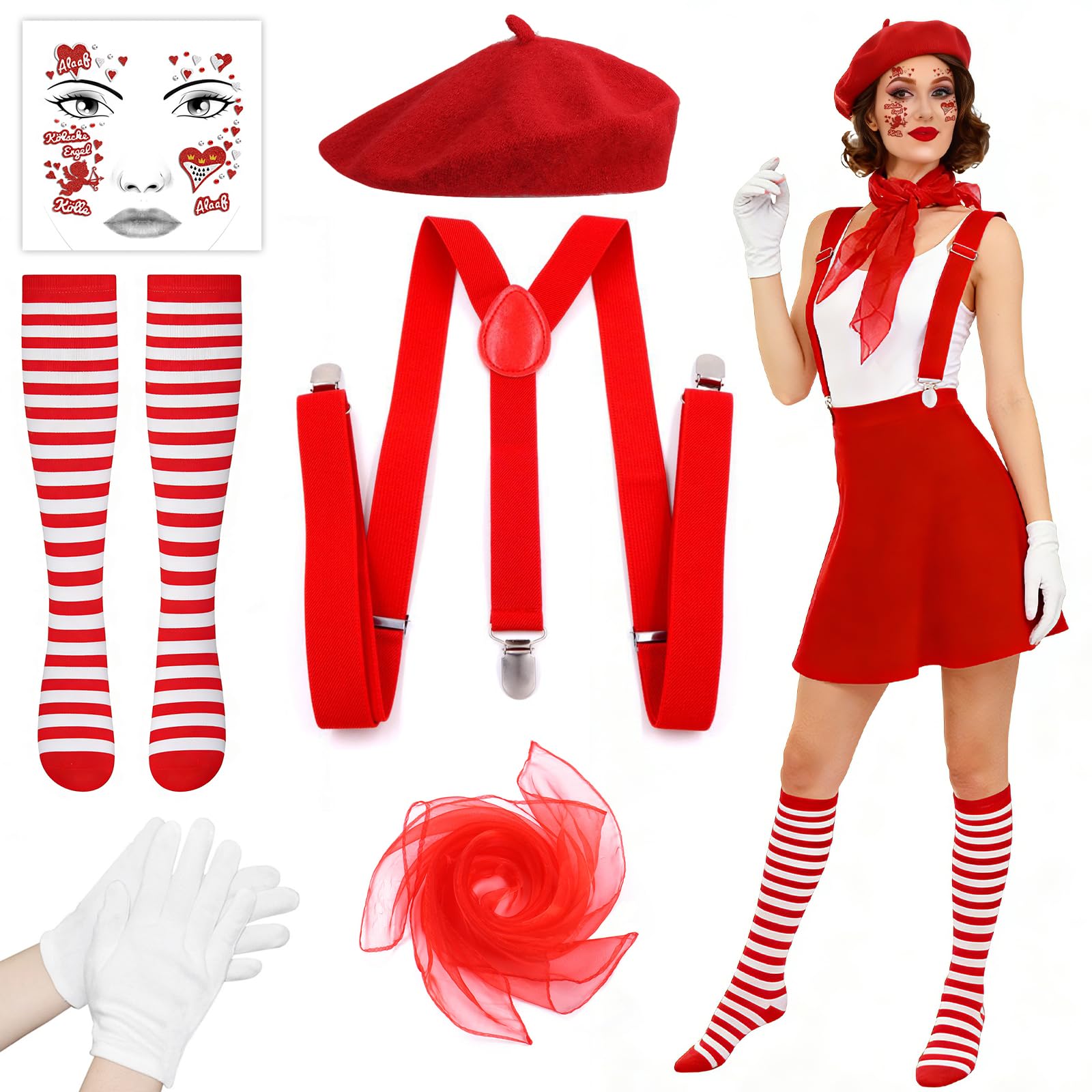 Disfraz Mimo Mujer, Pantomima Damas Accesorios con Boina | Medias, Disfraz de Mimo Frances, disfraz de Artista de Circo, para Carnaval Halloween