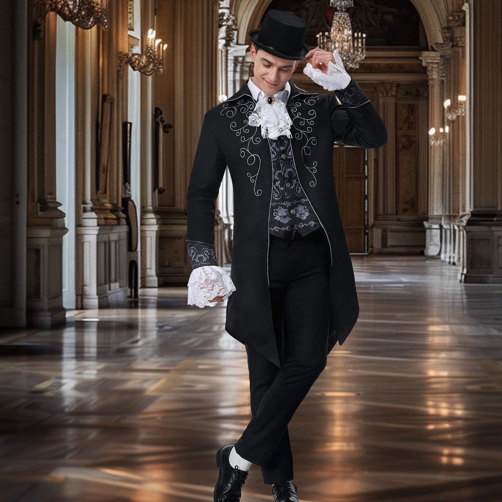 IEEILULU Veste Steampunk pour Homme, Médiéval Veste Victorienne Manteau, Gothique Renaissance Gothique Homme Steampunk avec Dentelle Jabot Menottes pour Halloween Cosplay