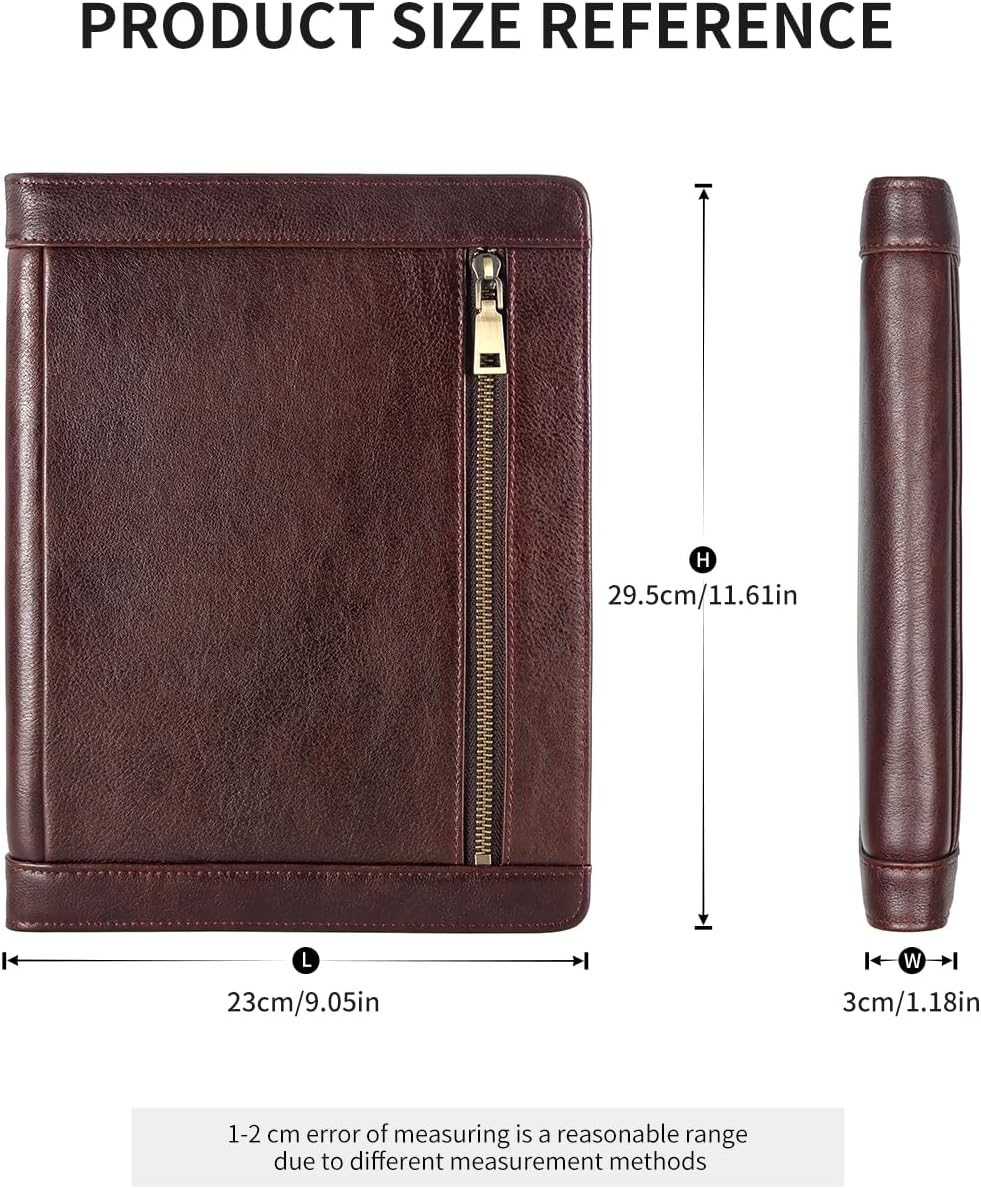 Augus Genuine Leather Portfolio with Zipper for Men/Women, Padfolio Business Resume A4/Pad, Folder Organizer, with Document Pocket, ID Window, Card Slots, Pen Holders (Brownish Red) image 2